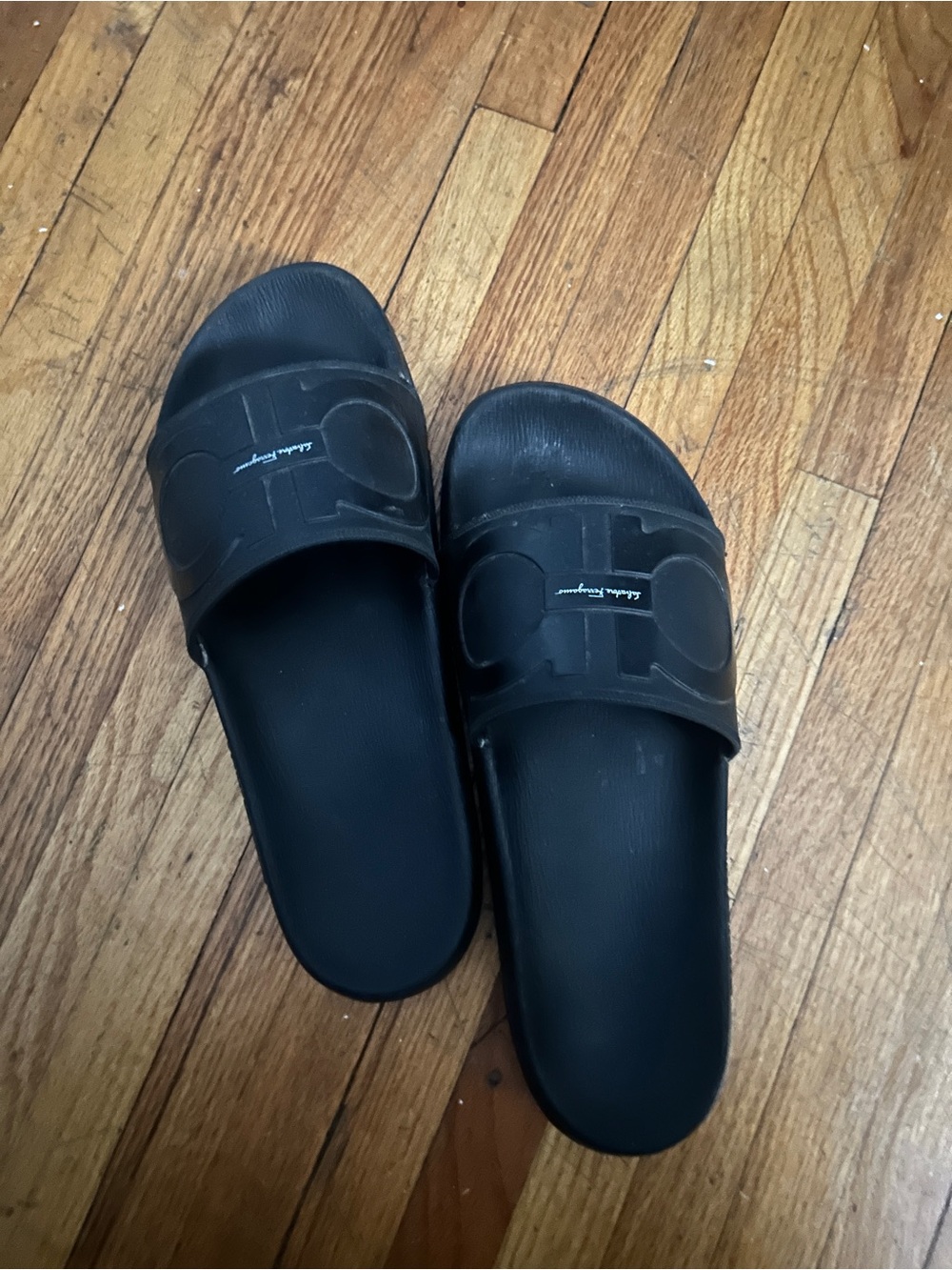 Salvatore Ferragamo Black Logo Slide Sandals with Embossed Strap